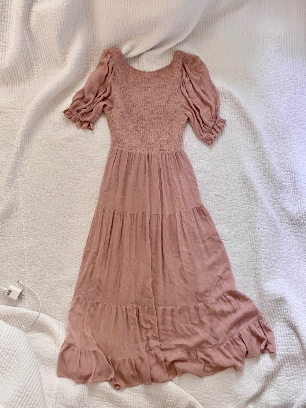 pink tiered smocked maxi dress